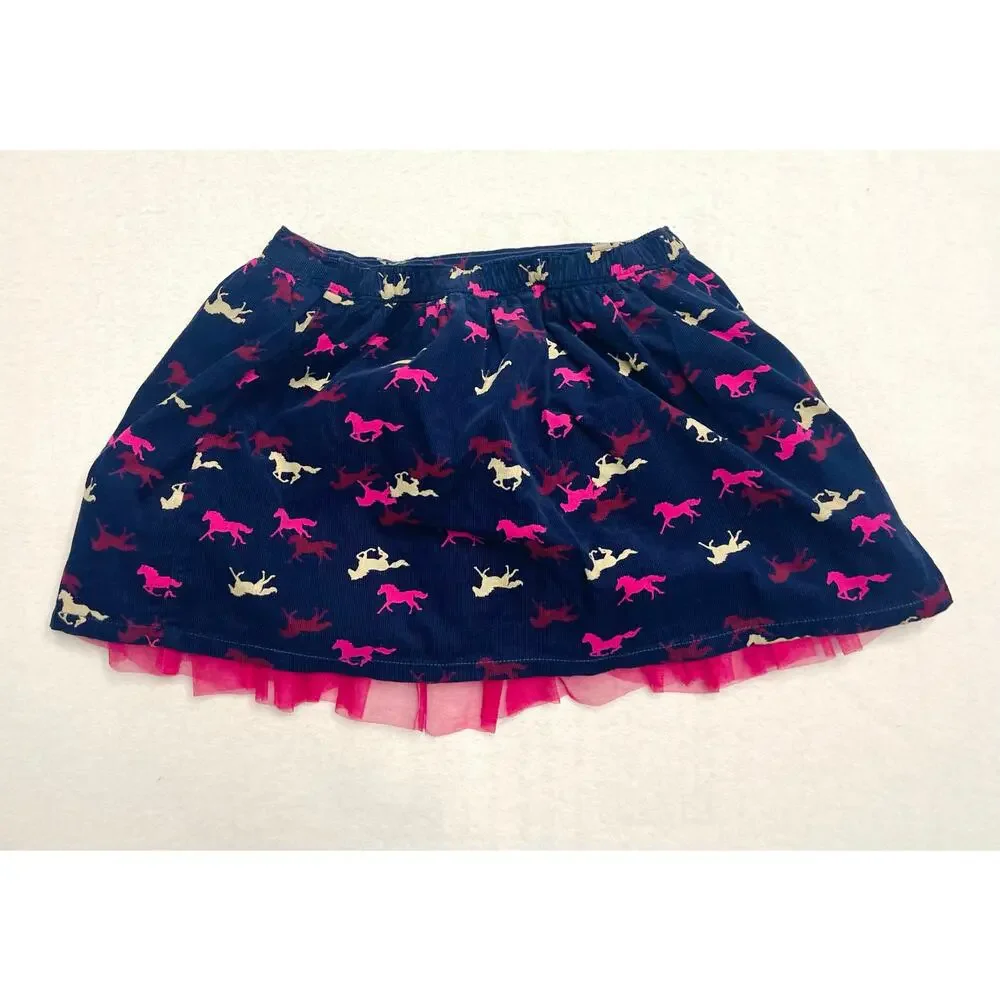 Gymboree Girl’s Navy Blue Corduroy w/ Tulle Equestrian Horse Print Skirt 7